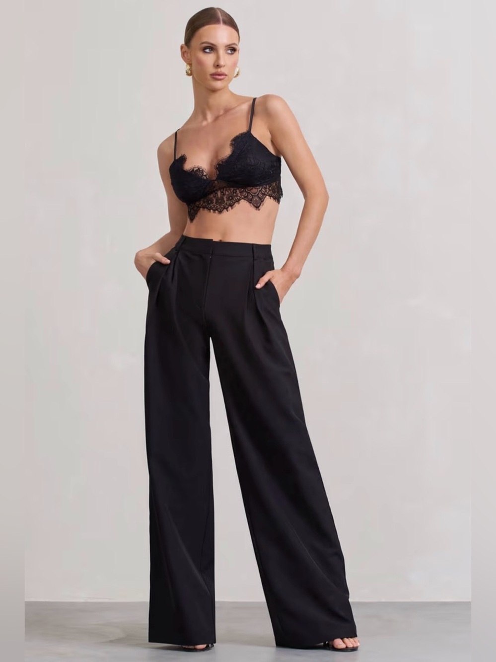 Club L London NWT Raina Black High Waist Pleated Wide-Leg Trousers Pants Black